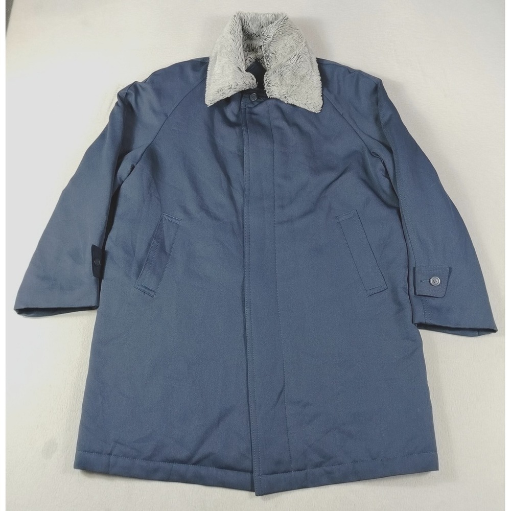 Kenning Coat Mens Large Blue Faux Fur Collar Quilted Lined Overcoat Winter